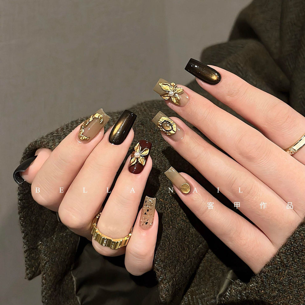Gilded Mocha 3D Floral Cat-Eye Press-On Nail Kit