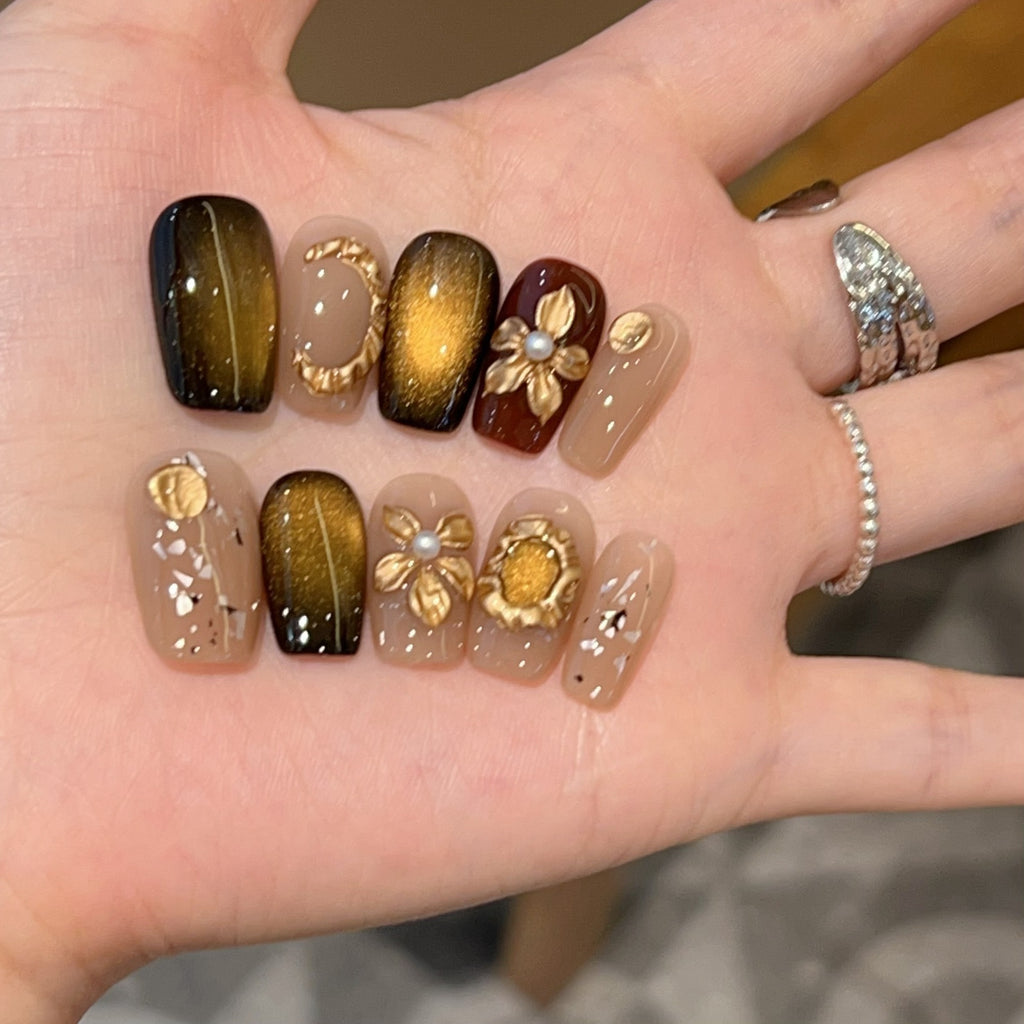 Gilded Mocha 3D Floral Cat-Eye Press-On Nail Kit
