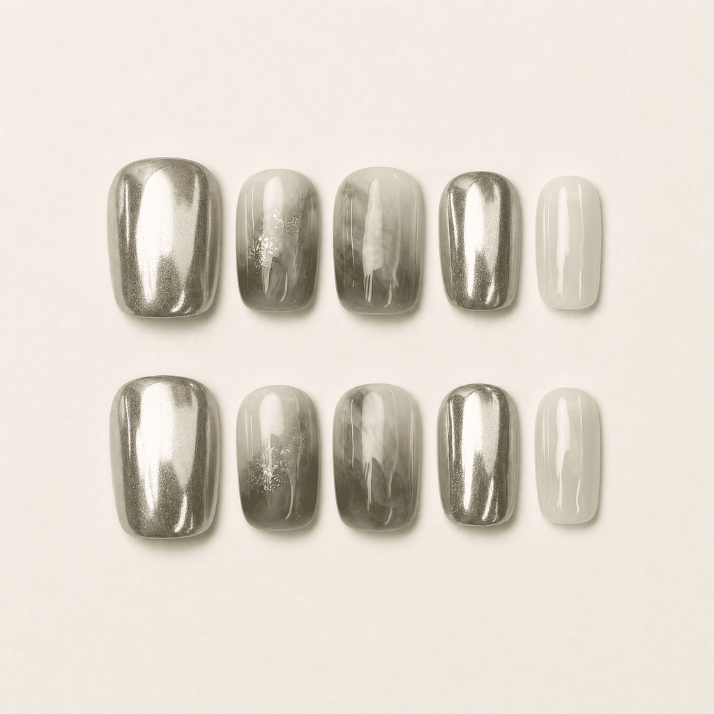 Silver chrome and smoky sage marble short squoval press-on nails