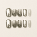 Silver chrome and smoky sage marble short squoval press-on nails