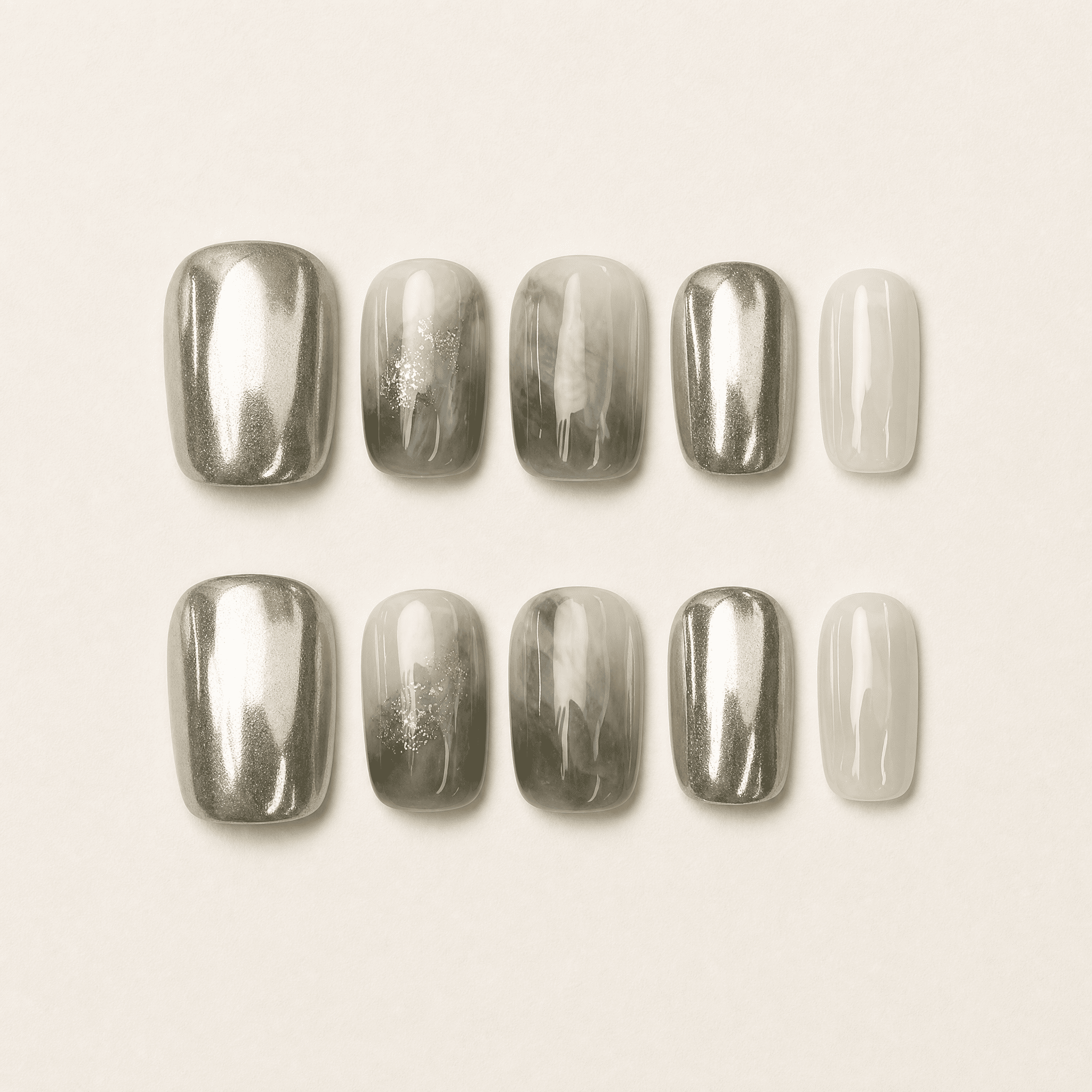 Silver chrome and smoky sage marble short squoval press-on nails