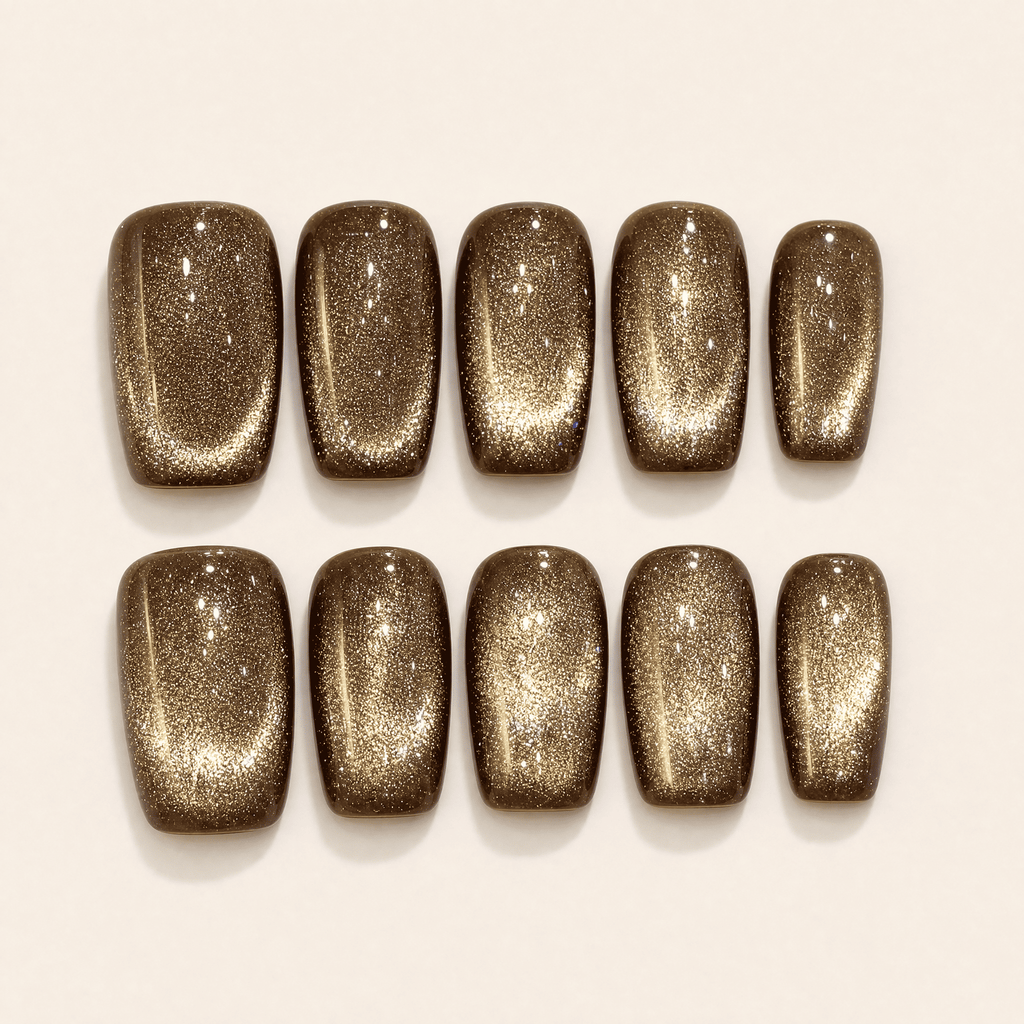 Gold cat-eye short-square press-on nails with chocolate-brown edges