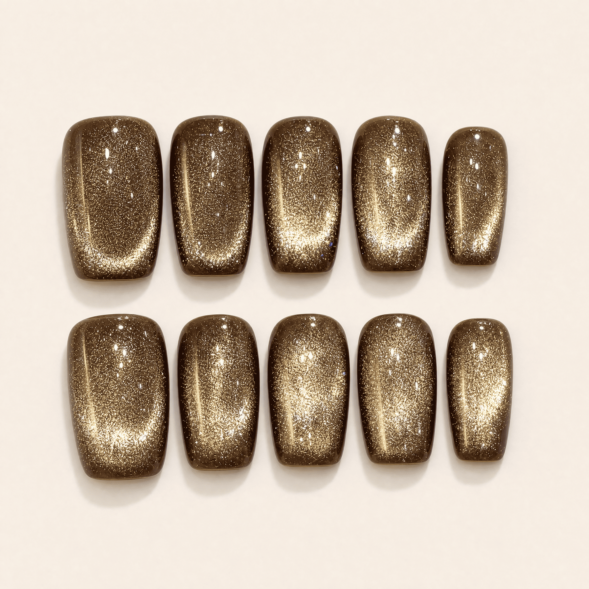 Gold cat-eye short-square press-on nails with chocolate-brown edges