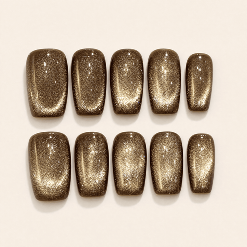 Gold cat-eye short-square press-on nails with chocolate-brown edges