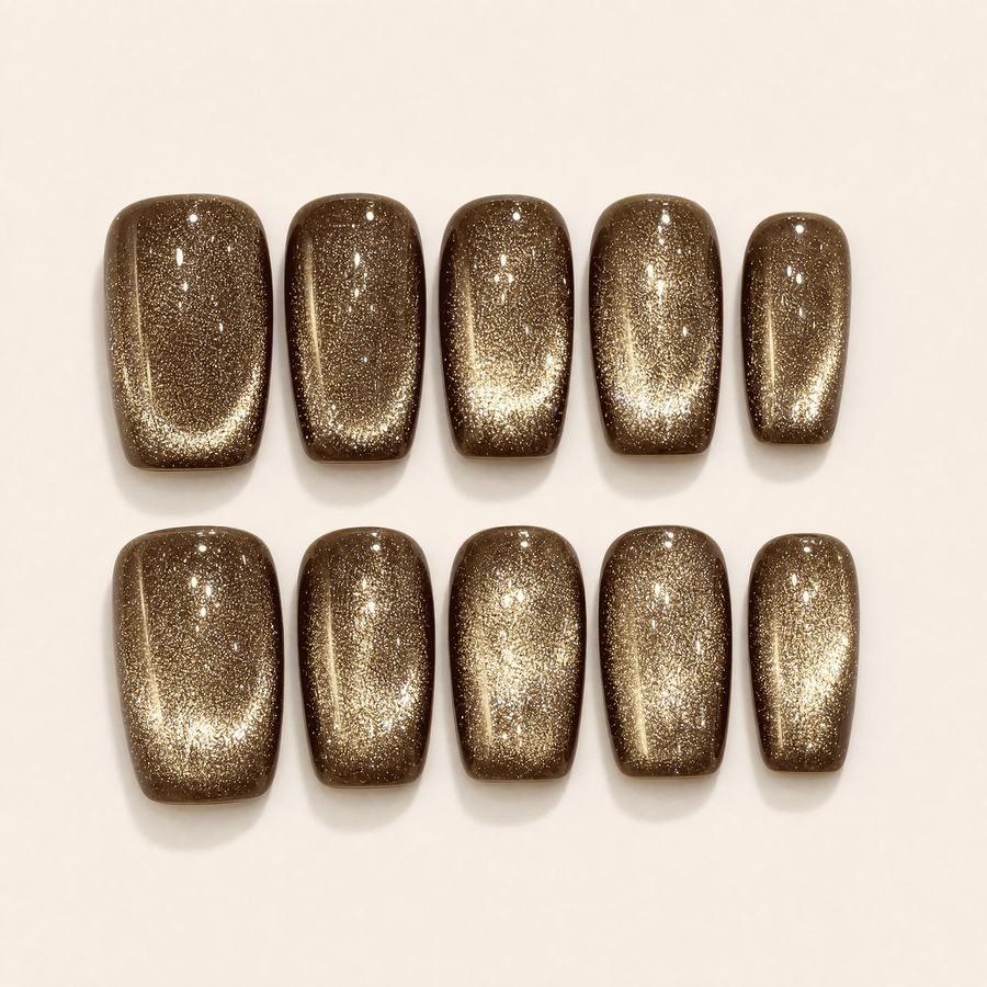 Gold cat-eye short-square press-on nails with chocolate-brown edges