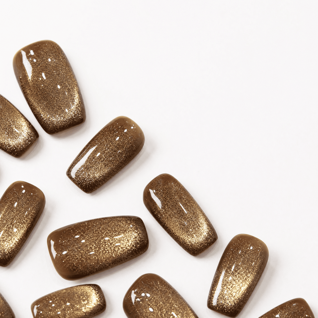 Gold cat-eye short-square press-on nails with chocolate-brown edges