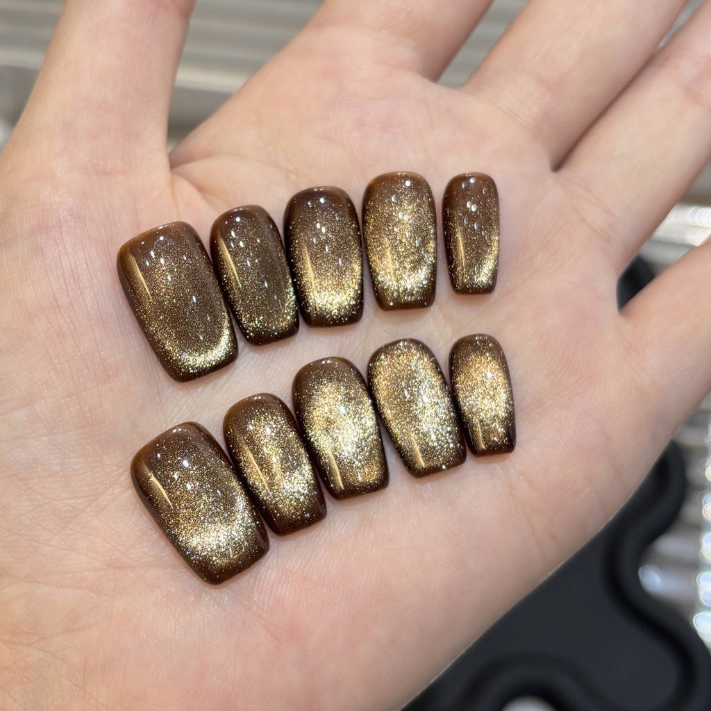 Gold cat-eye short-square press-on nails with chocolate-brown edges