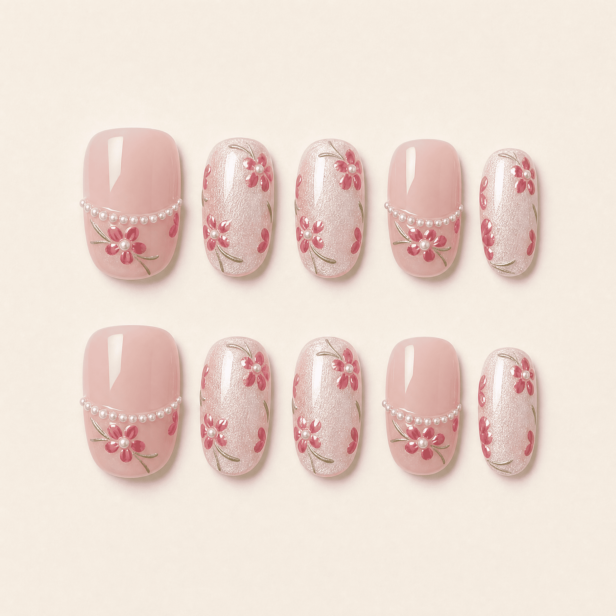 Pink floral cat-eye press-on nails with pearl and translucent details