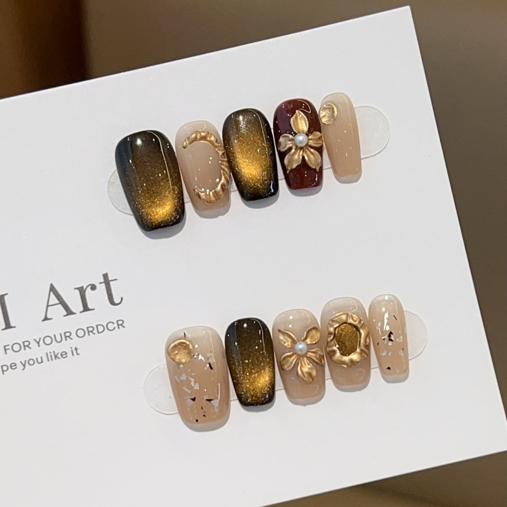 Gilded Mocha 3D Floral Cat-Eye Press-On Nail Kit