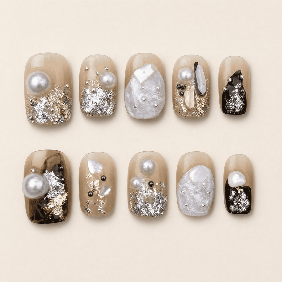 Caramel short-square press-on nails with pearl shell and metallic accents