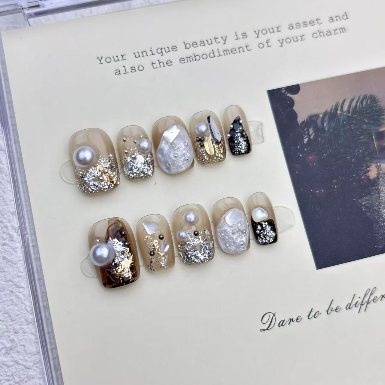 Caramel short-square press-on nails with pearl shell and metallic accents