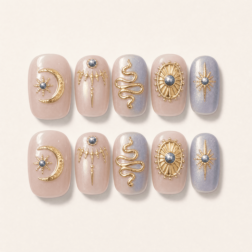Celestial Baroque press-on nails with gold moon and serpent details