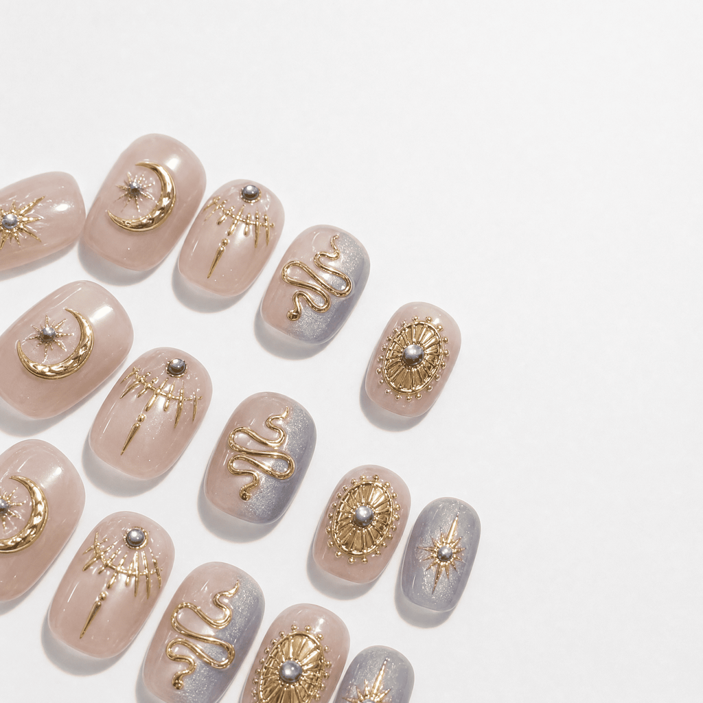 Celestial Baroque press-on nails with gold moon and serpent details