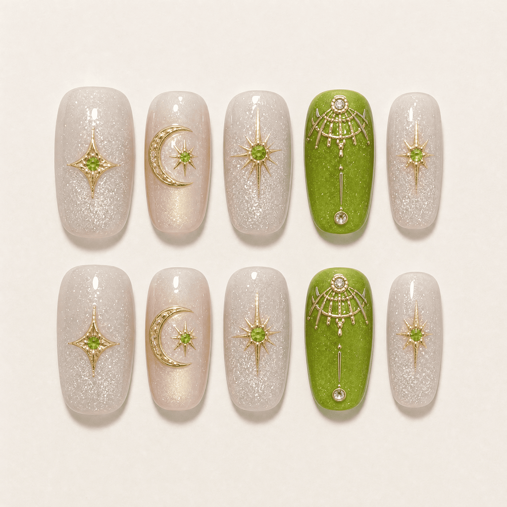 Green and gold short-square press-on nails with celestial designs