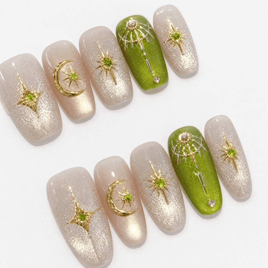 Green and gold short-square press-on nails with celestial designs