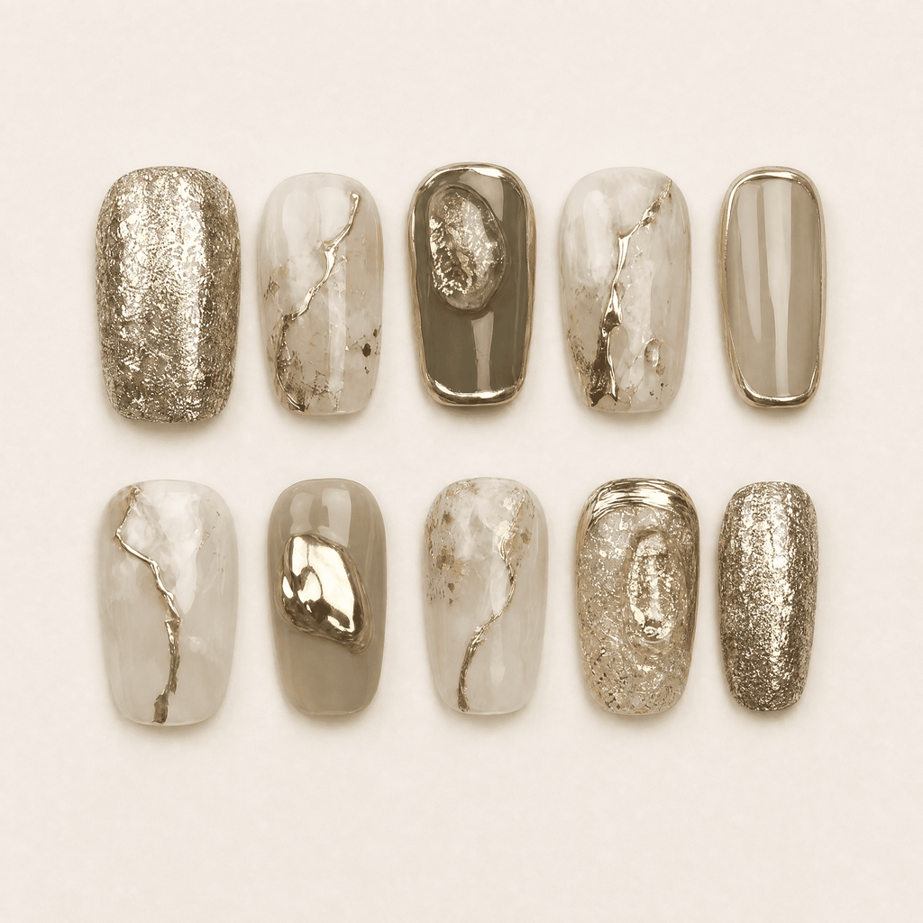 Sage-green marble square press-on nails with gold chrome and glitter