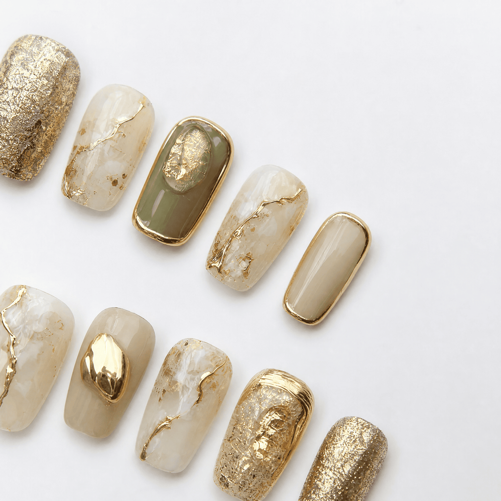 Sage-green marble square press-on nails with gold chrome and glitter