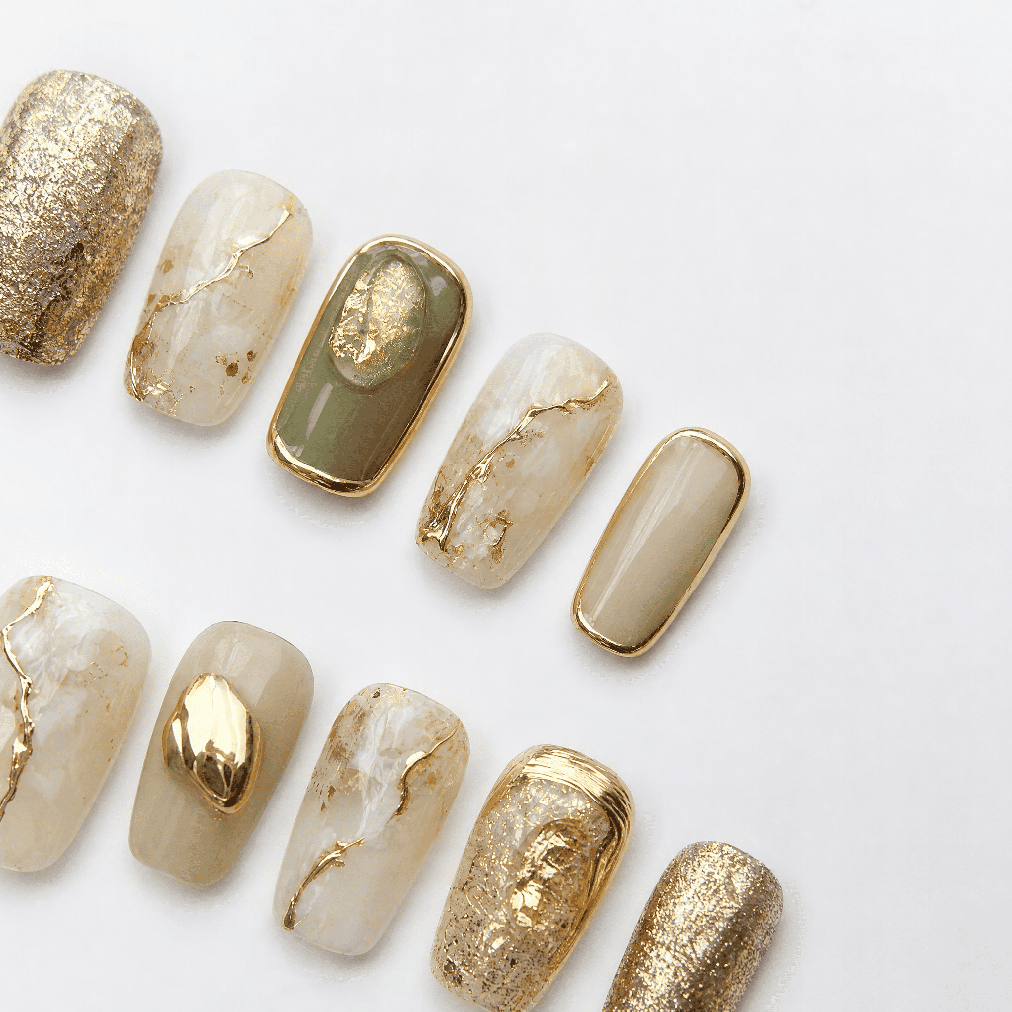 Sage-green marble square press-on nails with gold chrome and glitter