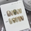 Sage-green marble square press-on nails with gold chrome and glitter