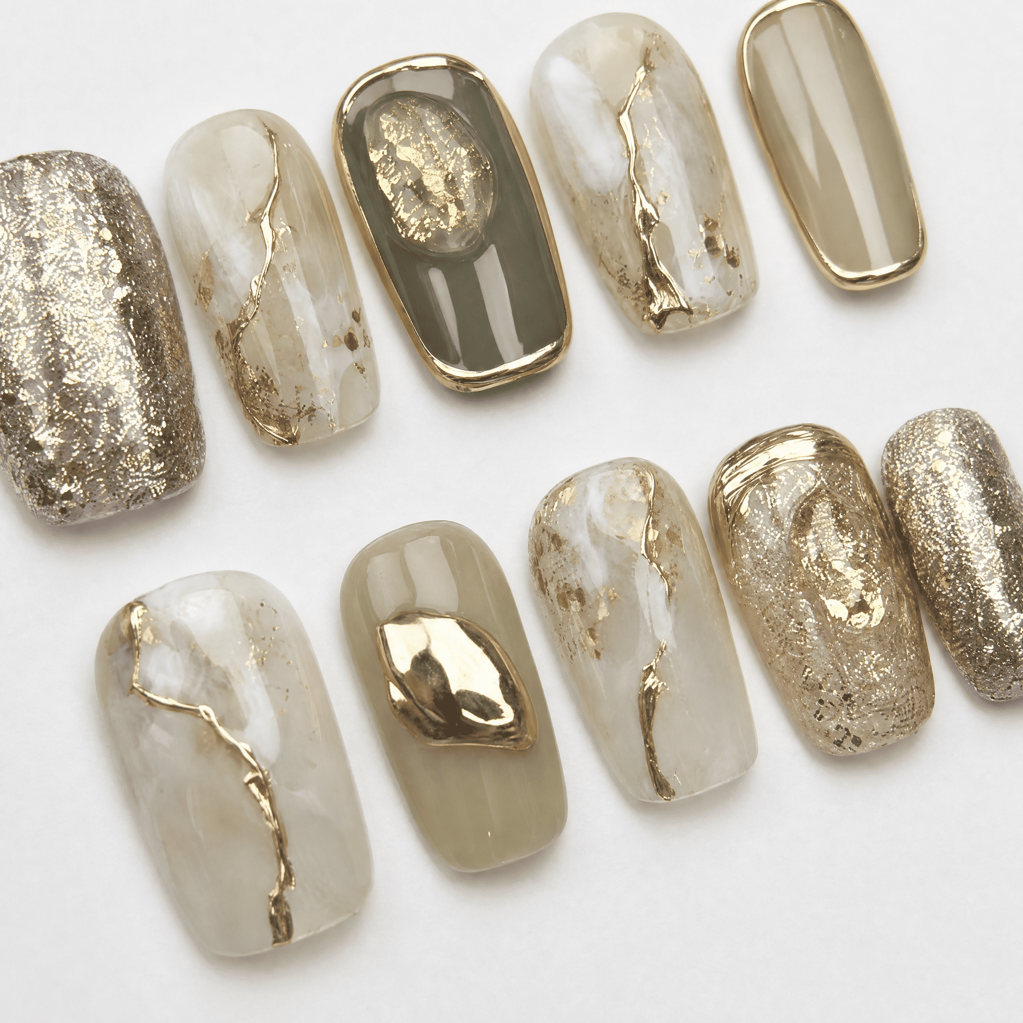 Sage-green marble square press-on nails with gold chrome and glitter