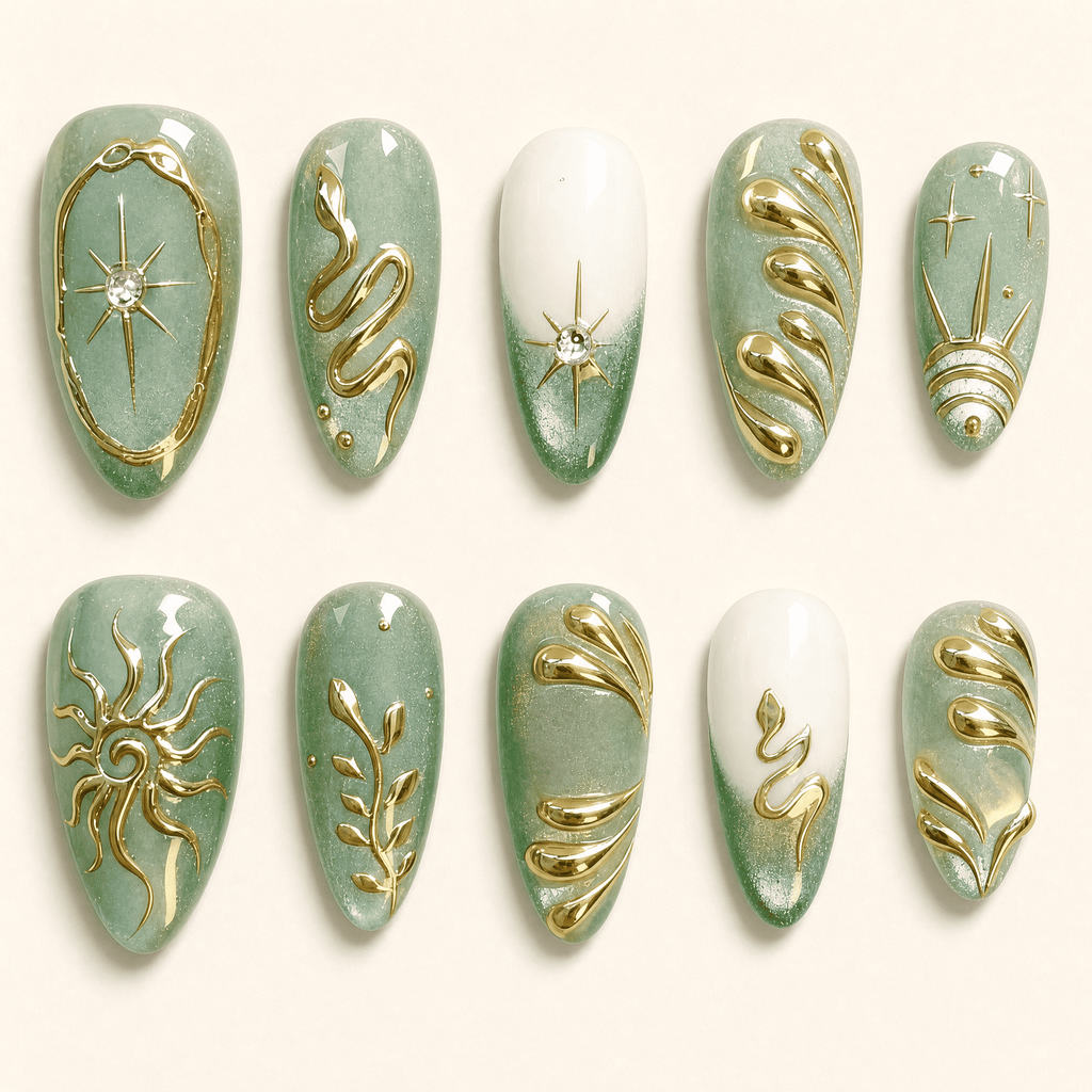 Thirty mint-green almond press-on nails with gold celestial designs