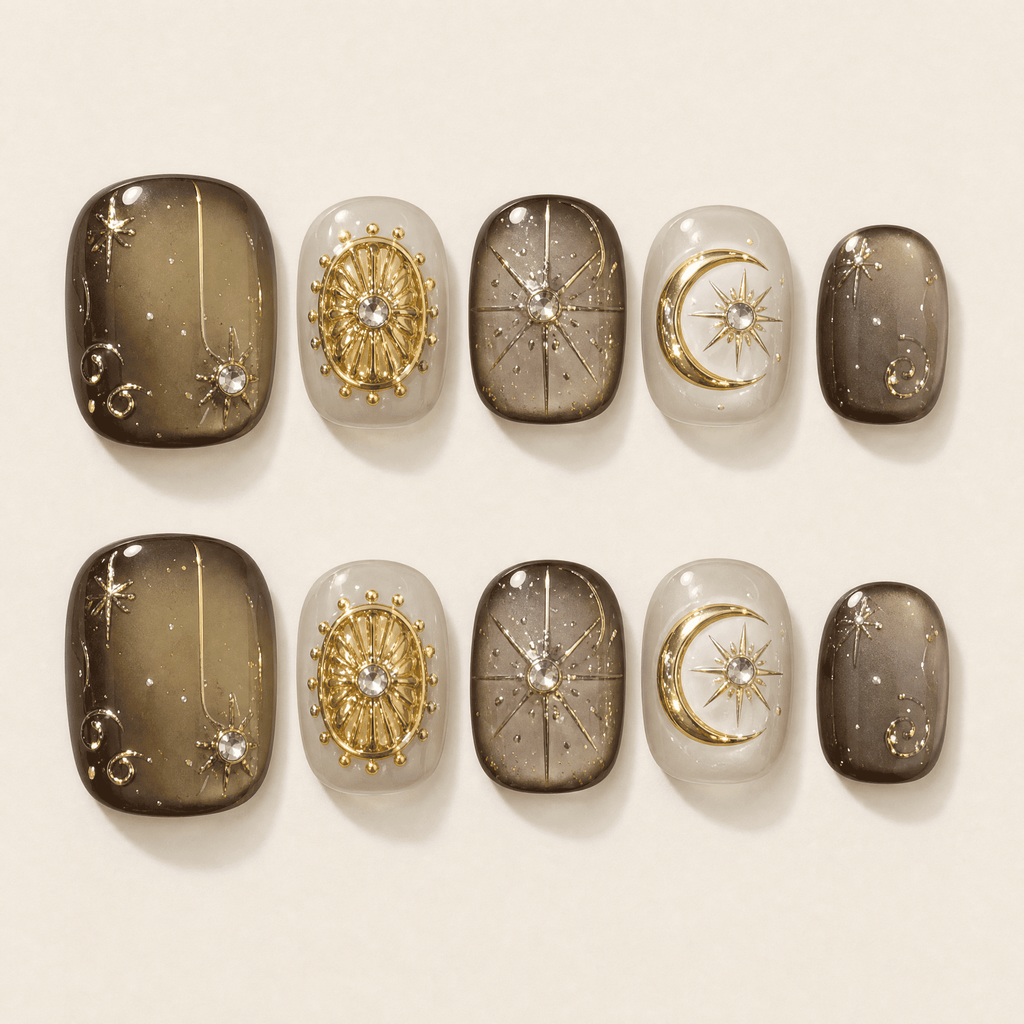 Mocha-brown celestial cat-eye press-on nails with gold details