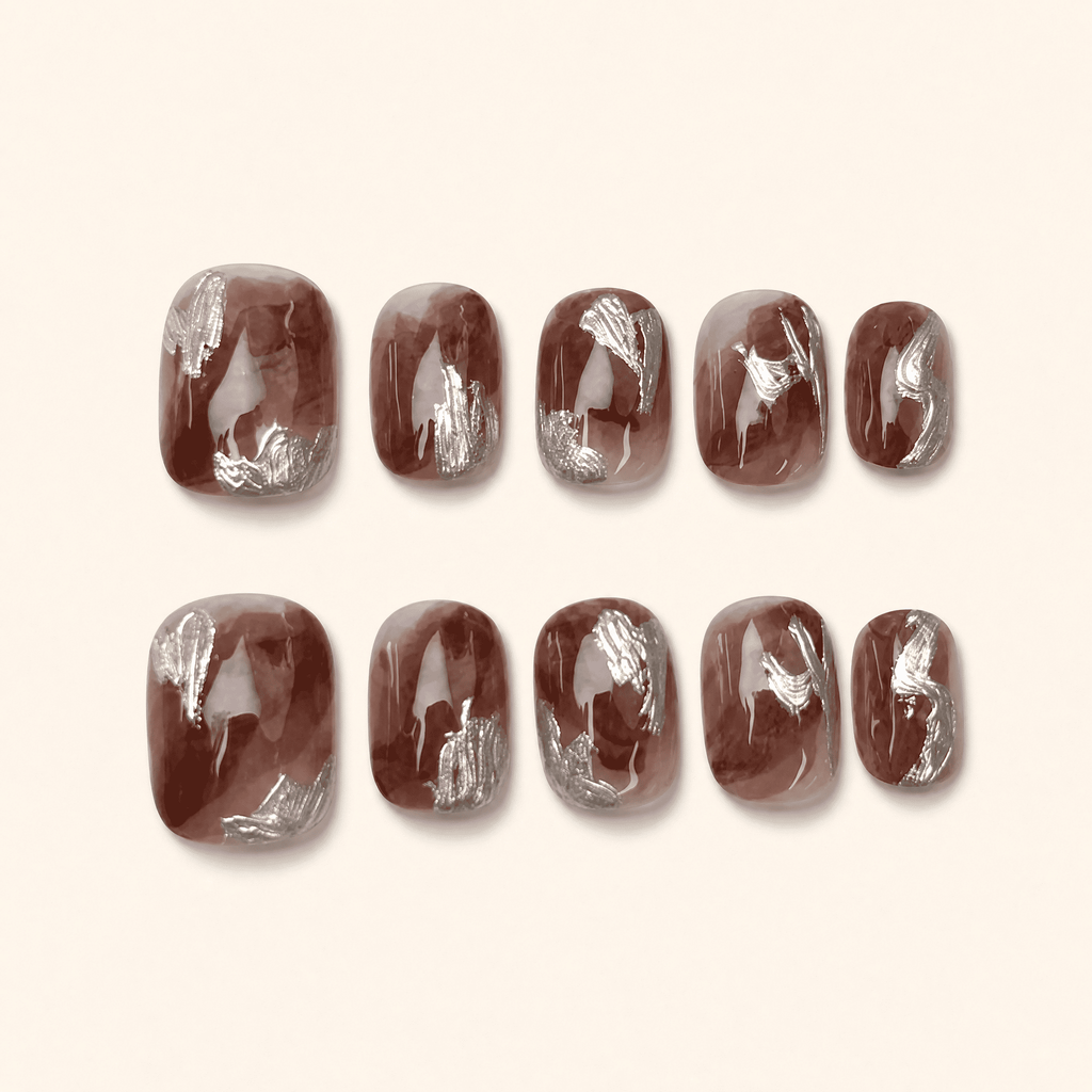 Mocha marble short-squoval press-on nails with silver brushstrokes