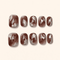 Mocha marble short-squoval press-on nails with silver brushstrokes