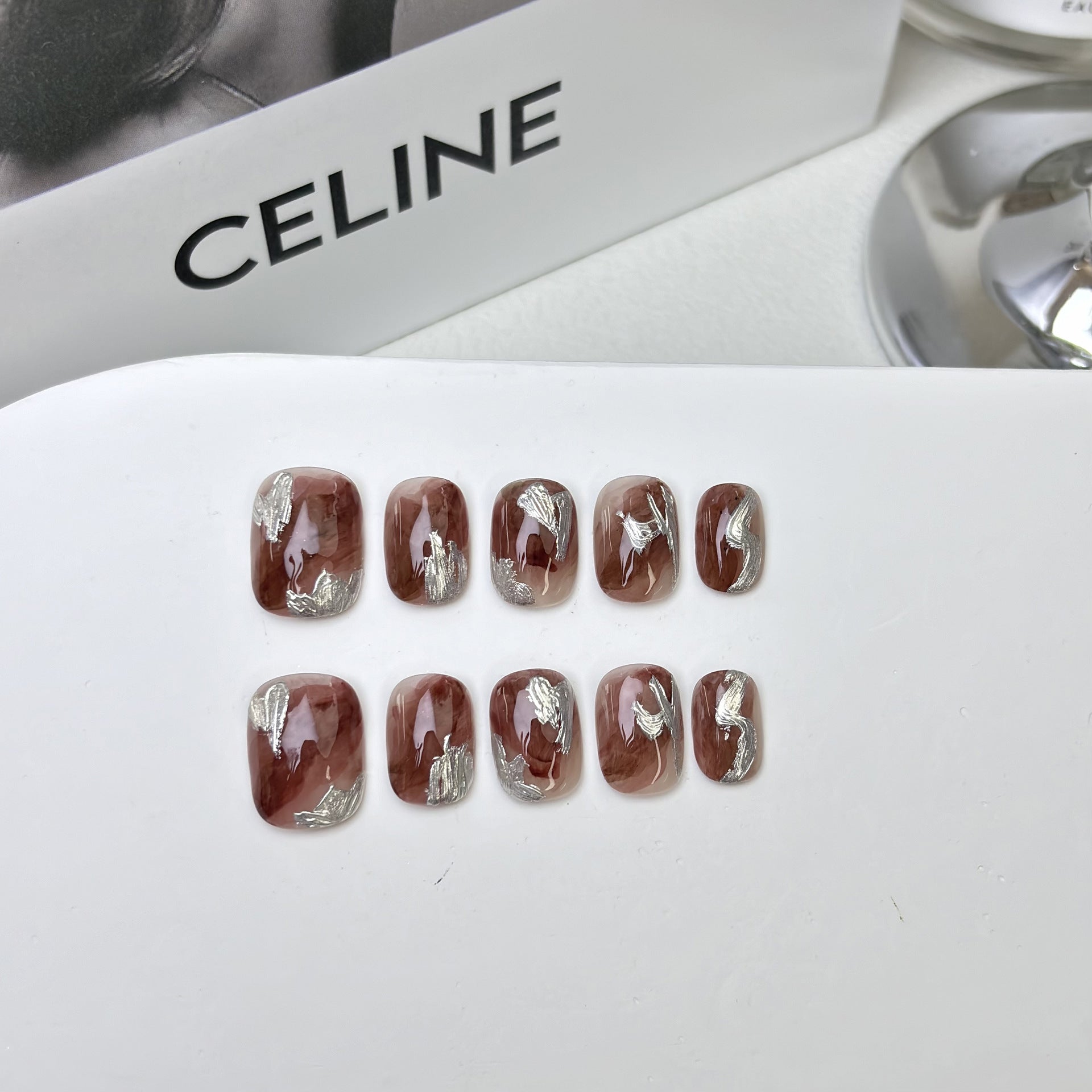 Mocha marble short-squoval press-on nails with silver brushstrokes