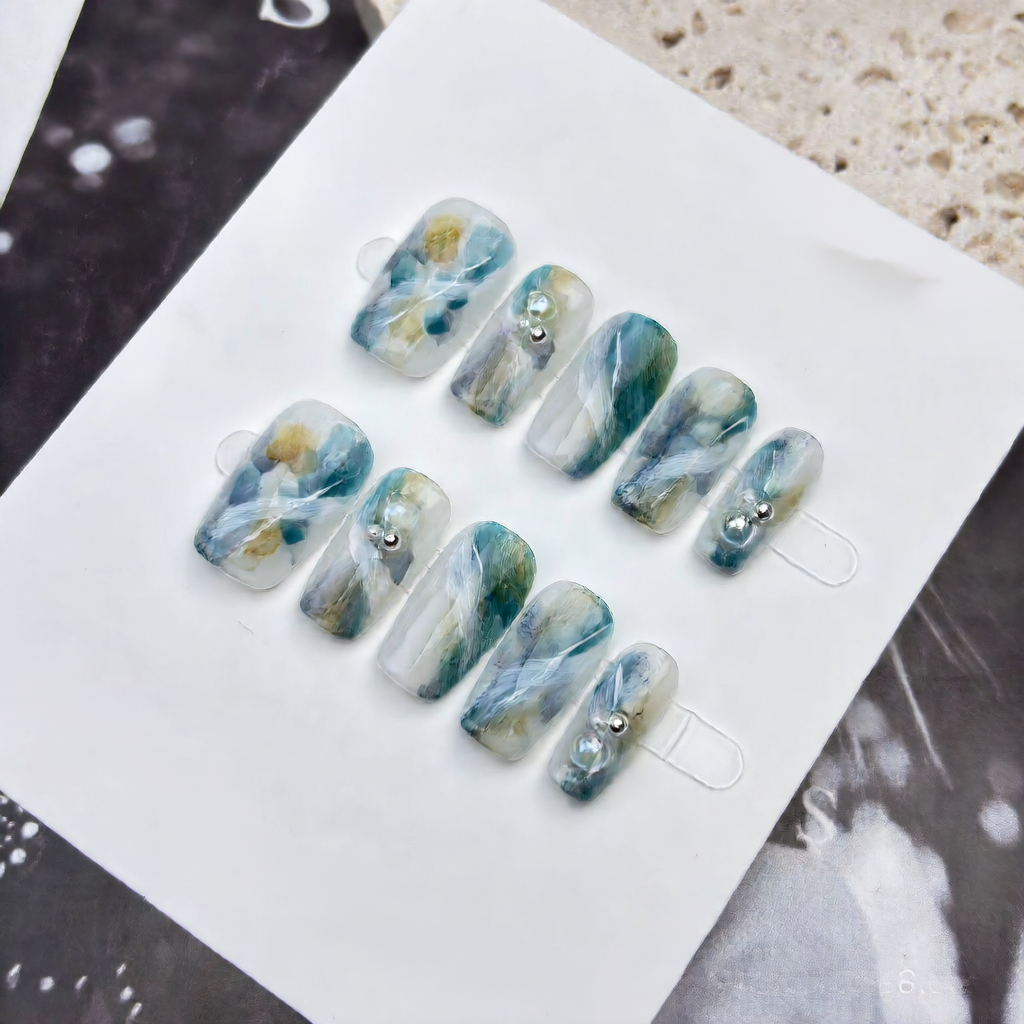 Moonlit Jade Marble Press-On Nails