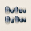 Navy and mist-grey short-square press-on nails with silver stripes
