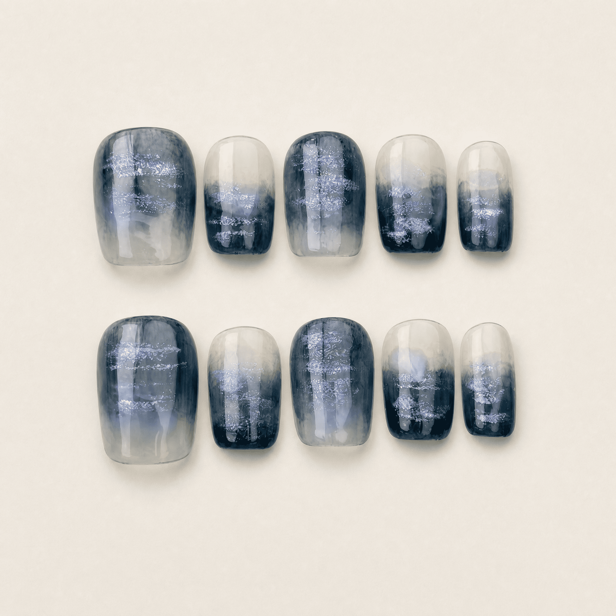Navy and mist-grey short-square press-on nails with silver stripes