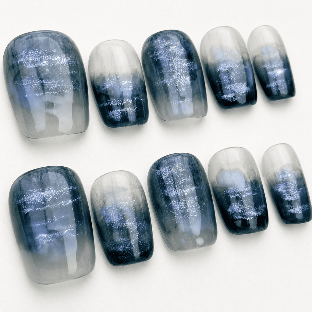 Navy and mist-grey short-square press-on nails with silver stripes