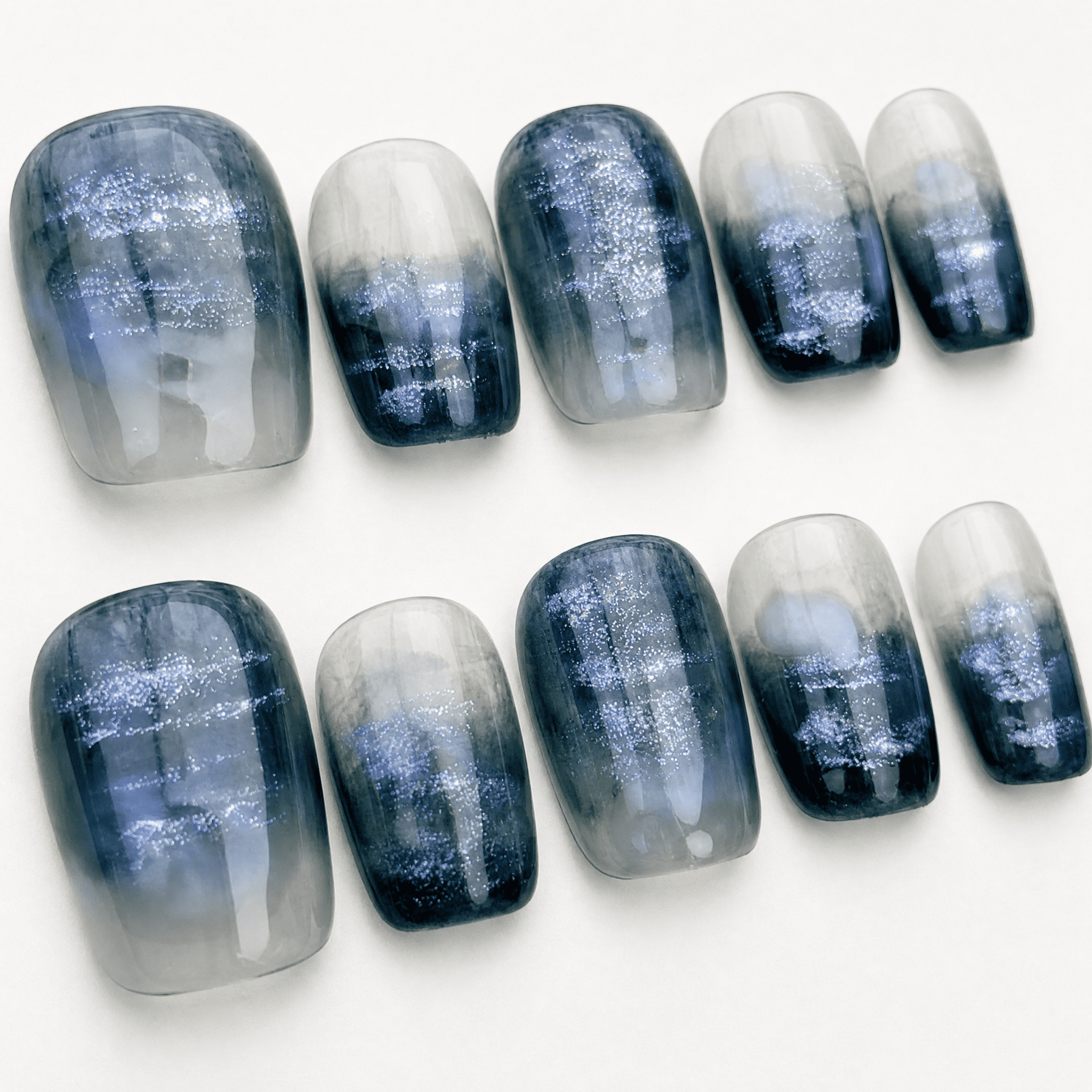 Navy and mist-grey short-square press-on nails with silver stripes