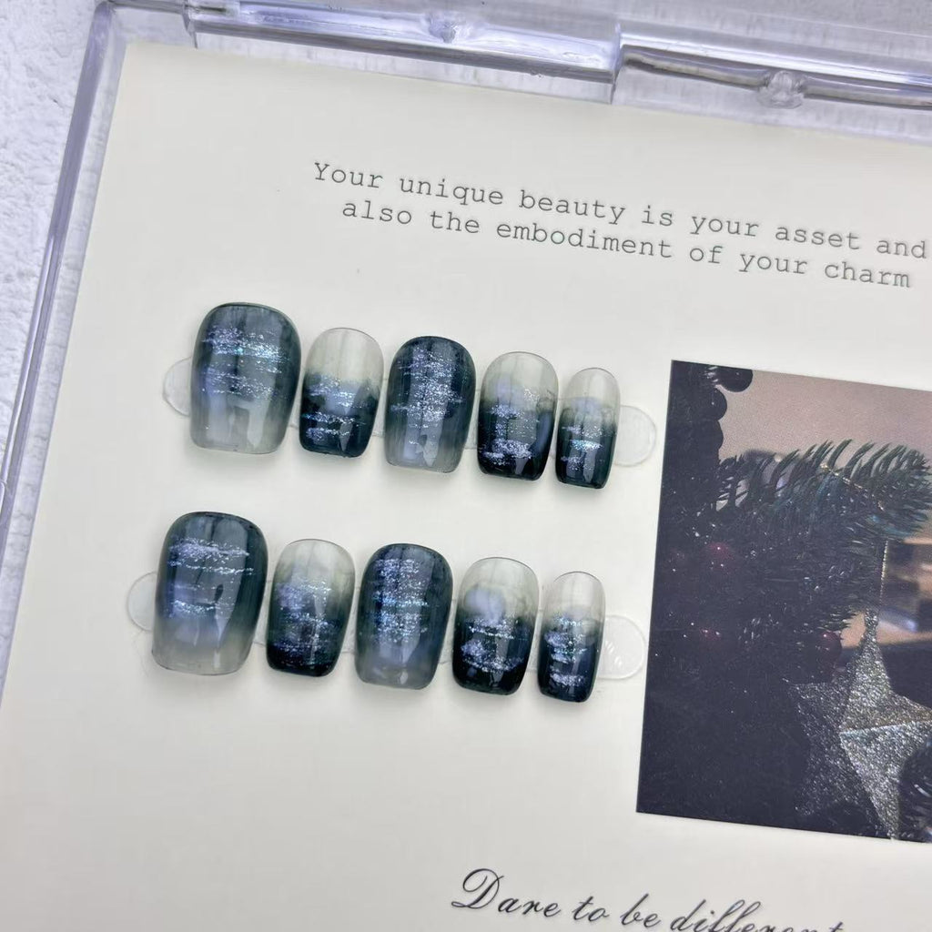 Navy and mist-grey short-square press-on nails with silver stripes