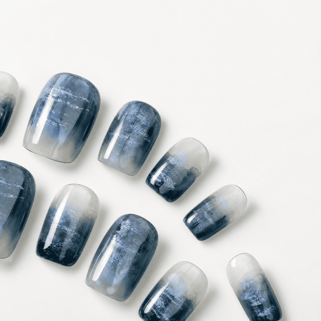 Navy and mist-grey short-square press-on nails with silver stripes