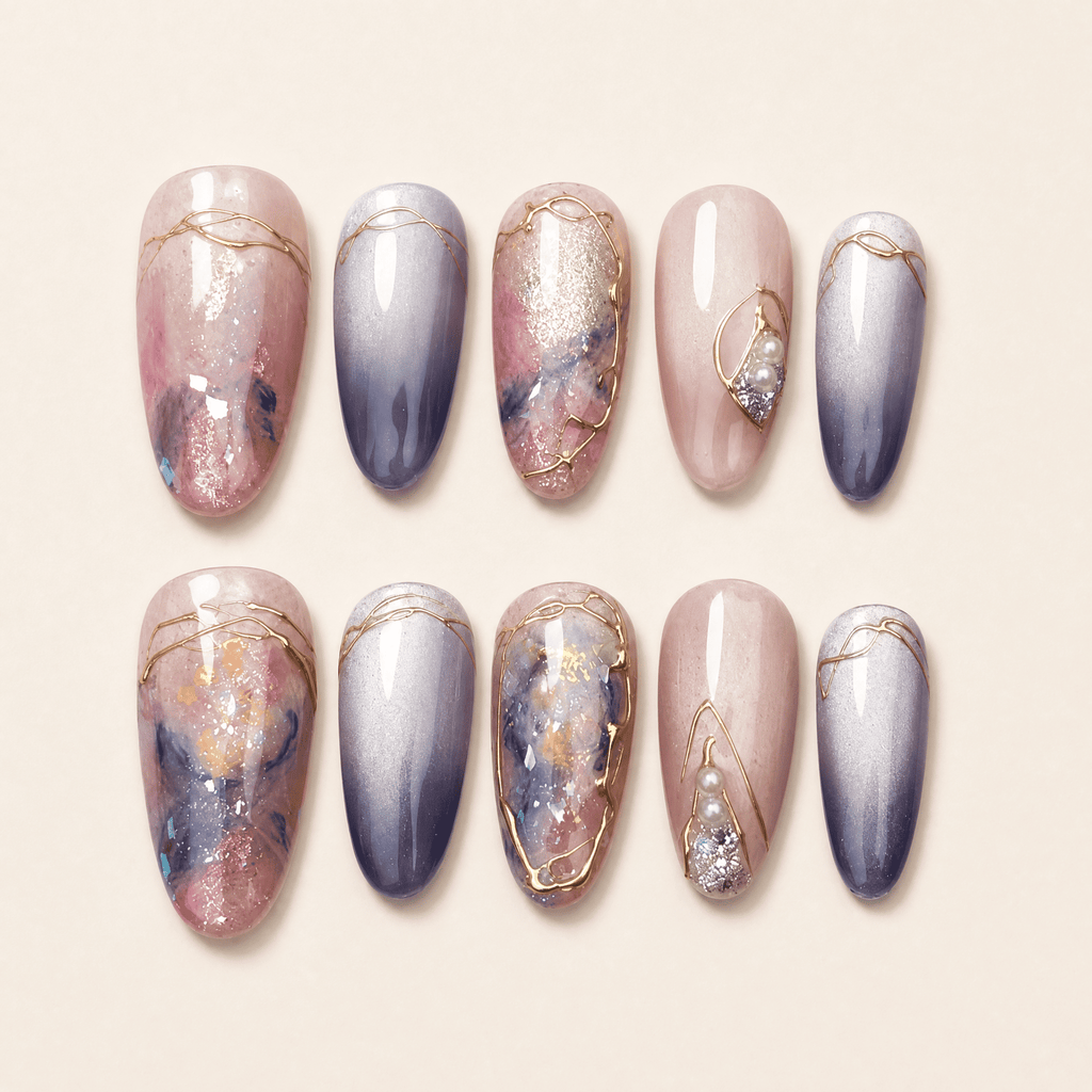 Rose and silver galaxy cat-eye oval press-on nails with gold accents
