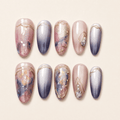 Rose and silver galaxy cat-eye oval press-on nails with gold accents