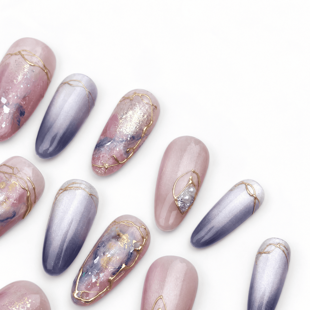 Rose and silver galaxy cat-eye oval press-on nails with gold accents