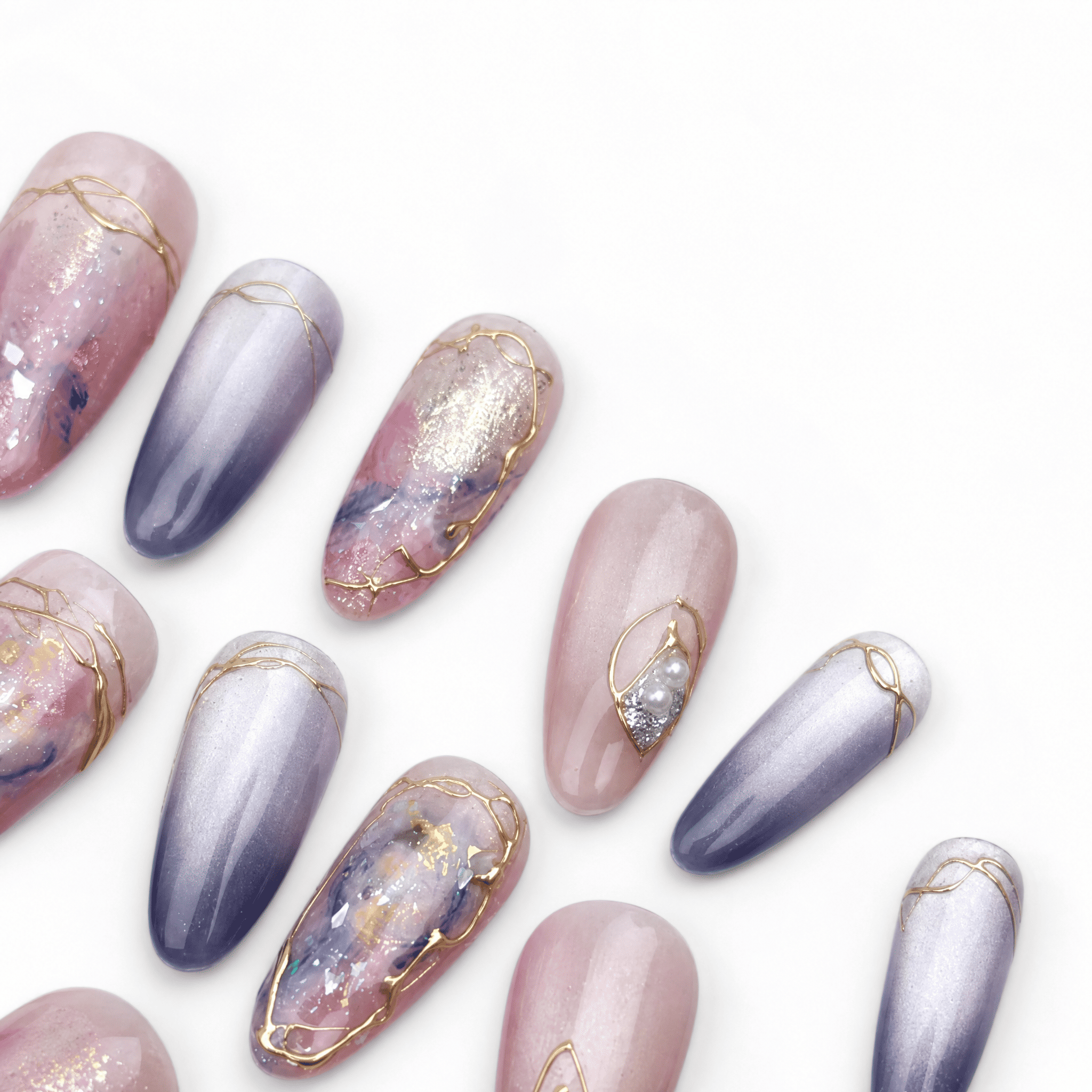 Rose and silver galaxy cat-eye oval press-on nails with gold accents