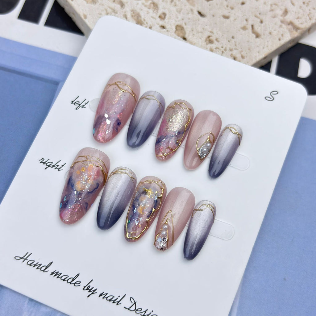 Rose and silver galaxy cat-eye oval press-on nails with gold accents