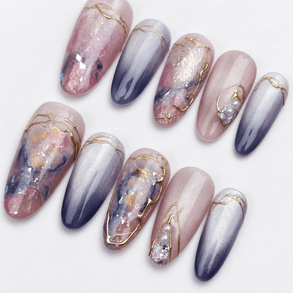 Rose and silver galaxy cat-eye oval press-on nails with gold accents