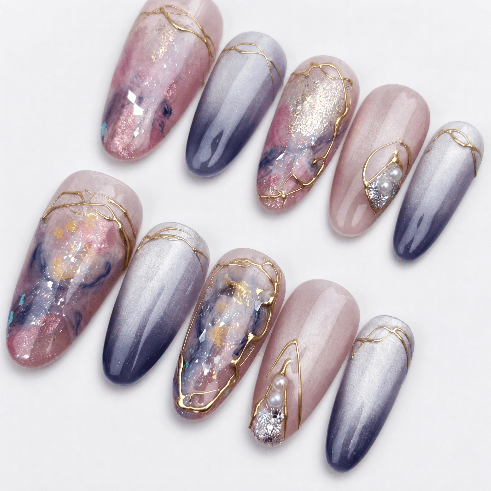 Rose and silver galaxy cat-eye oval press-on nails with gold accents