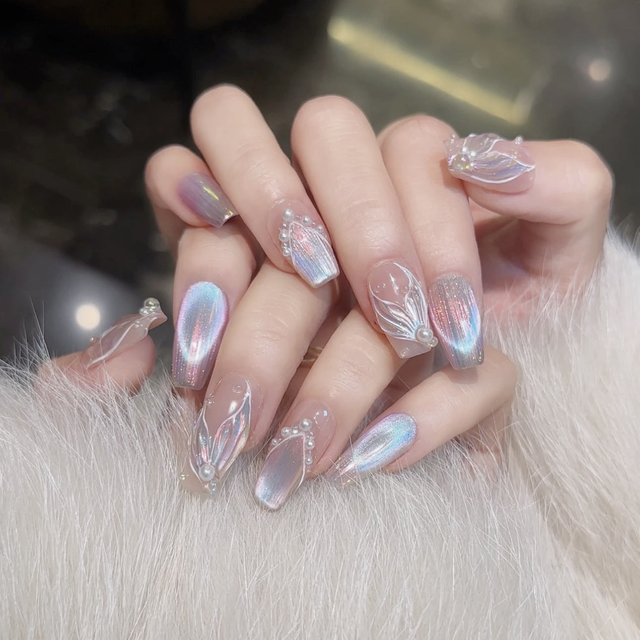 Iridescent blue shell cat-eye press-on nails with pearl accents