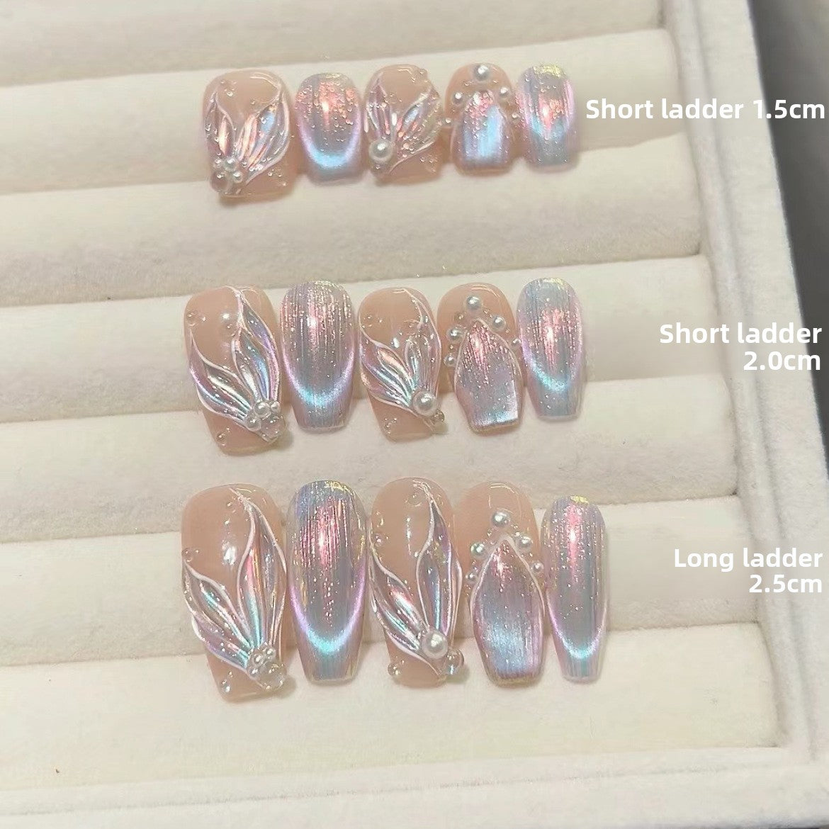 Iridescent blue shell cat-eye press-on nails with pearl accents