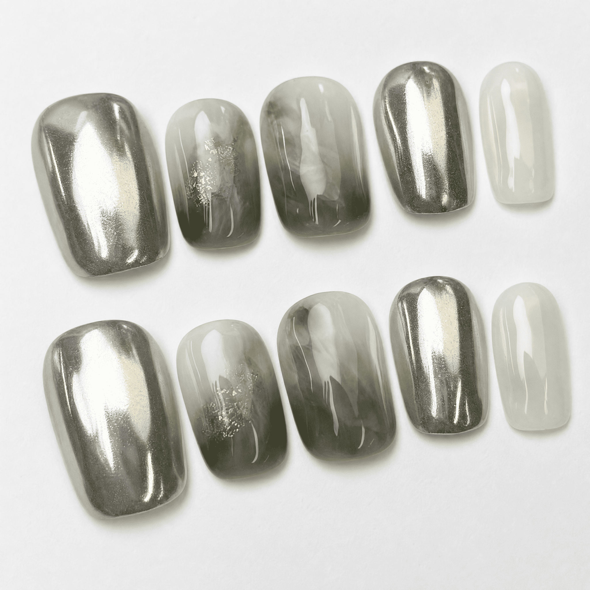 Silver chrome and smoky sage marble short squoval press-on nails
