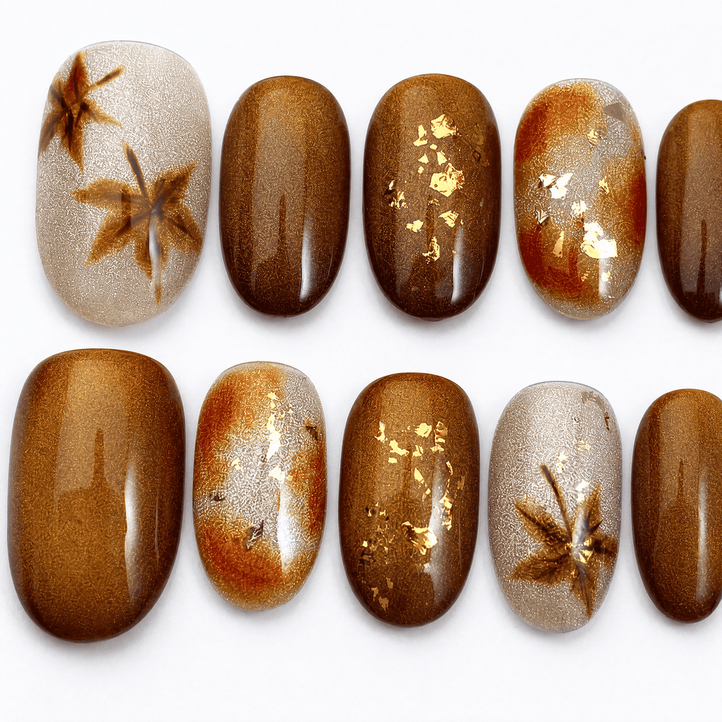Amber bronze and champagne maple-leaf press-on nail set