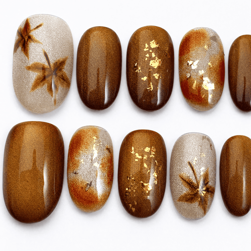Amber bronze and champagne maple-leaf press-on nail set