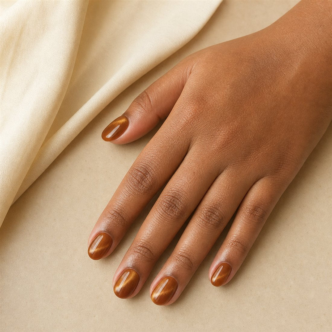 Warm brown hand wearing short oval caramel cat-eye press-on nails