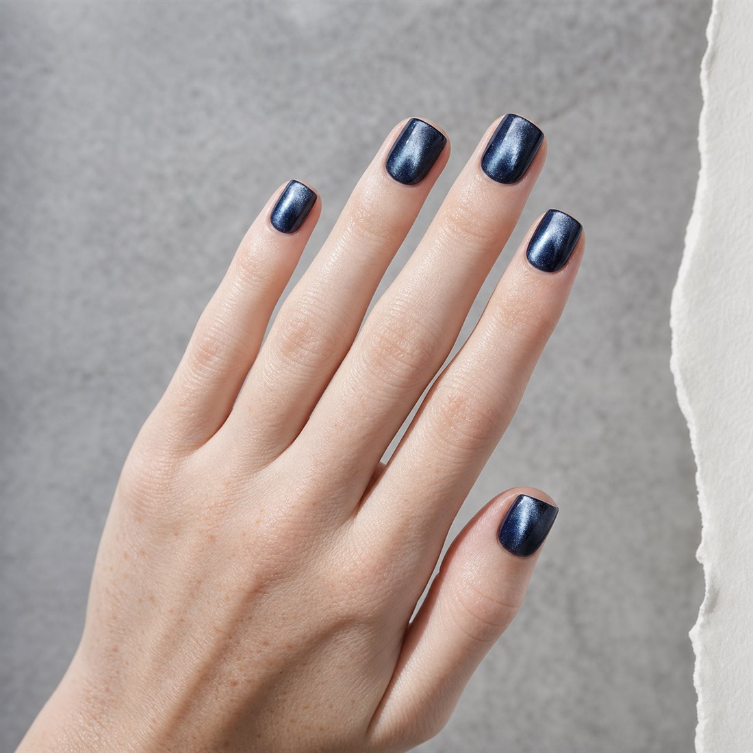 Freckled fair hand wearing short square midnight-blue cat-eye press-on nails